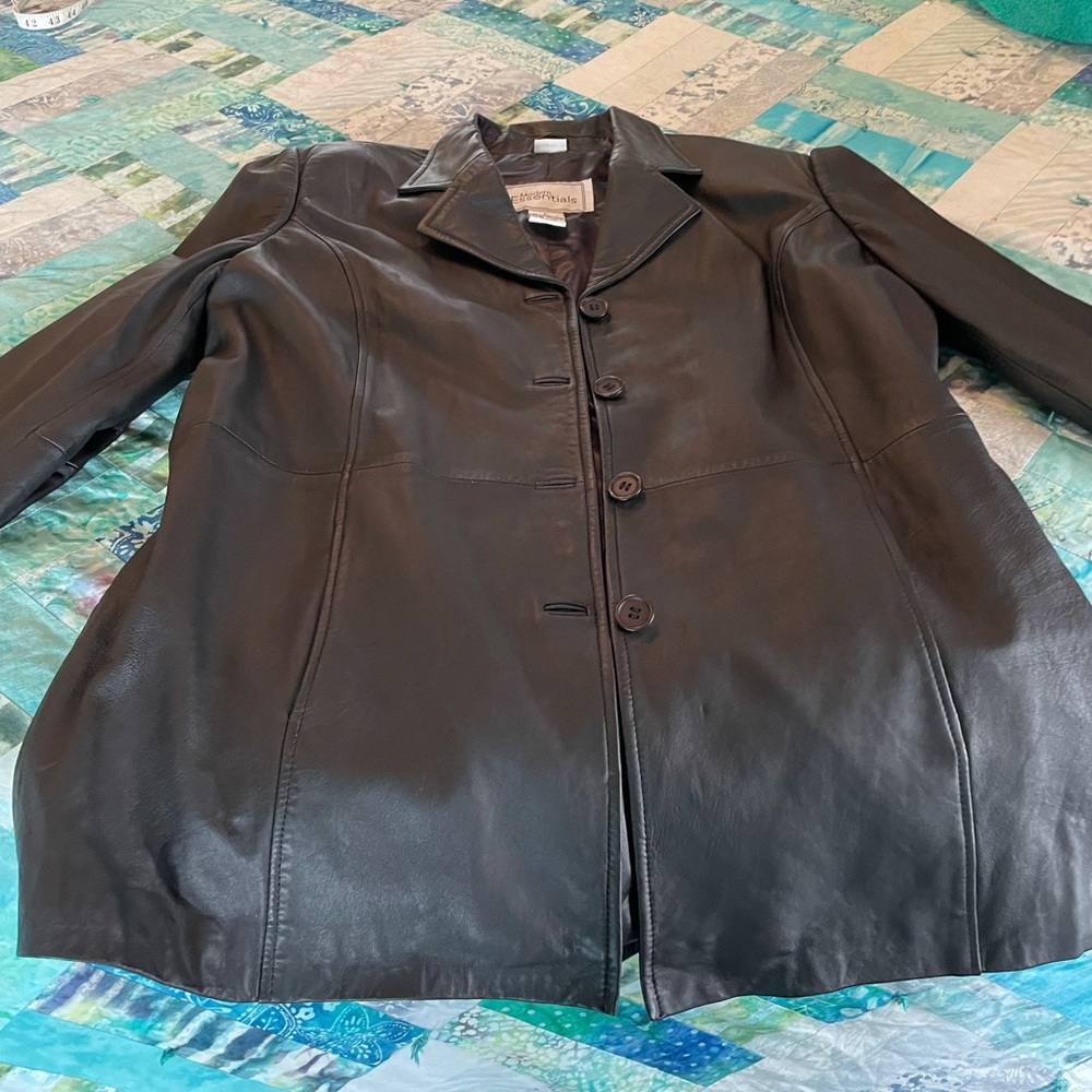 Genuine black leather button down jacket large NWOT